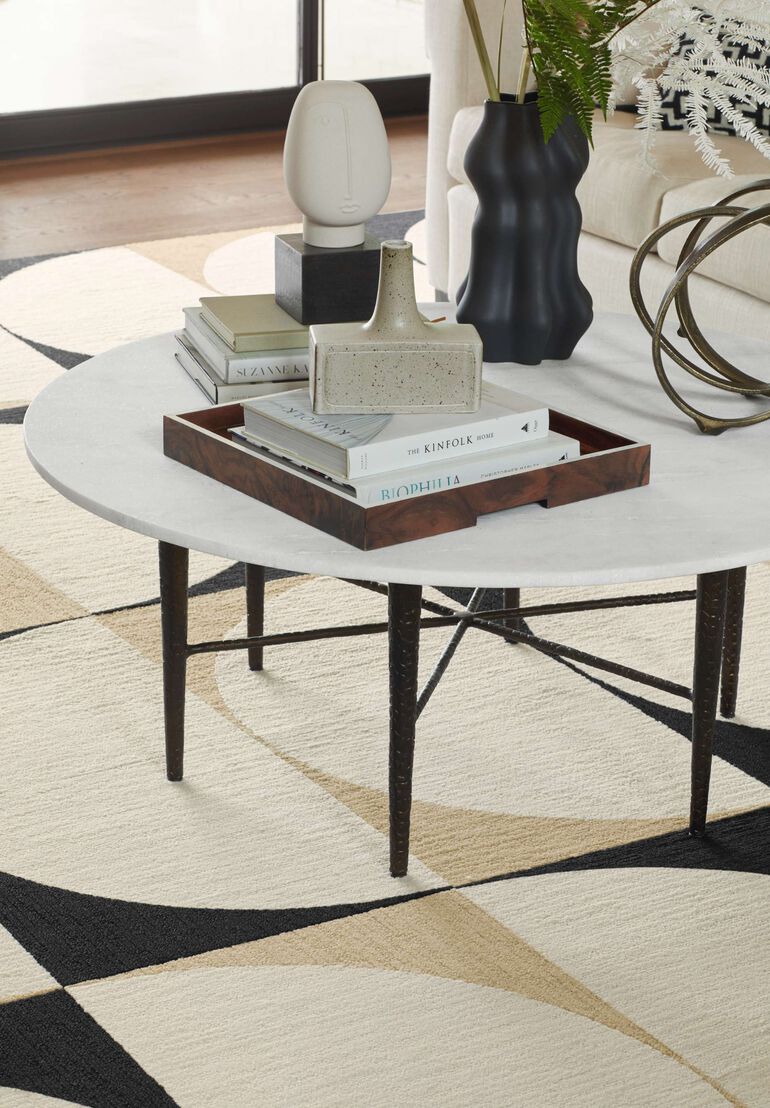 Living room detail with FLOR Signature Rug Lunaire shown in Bone
